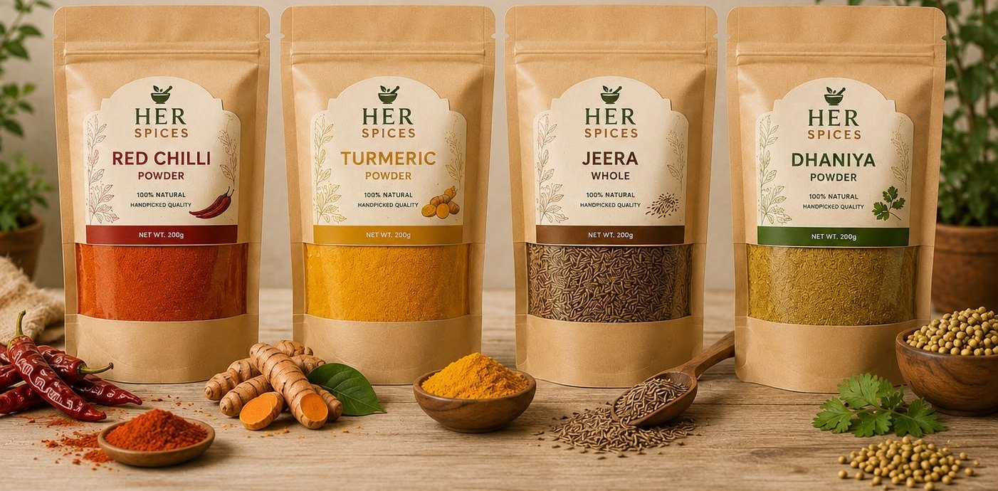 Her Spices pouches of red chilli, turmeric, jeera and dhaniya on a wooden table